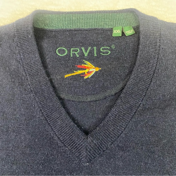 Orvis Mens 100% Merino Wool Sweater Navy Blue V-Neck Pullover Long Sleeve Sz XXL - Picture 3 of 9